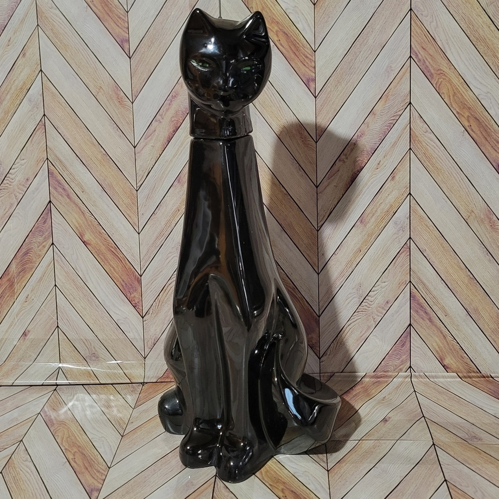Vtg GARNIER Black Cat with Pink Jewel Eyes French Ceramic Decanter Rare